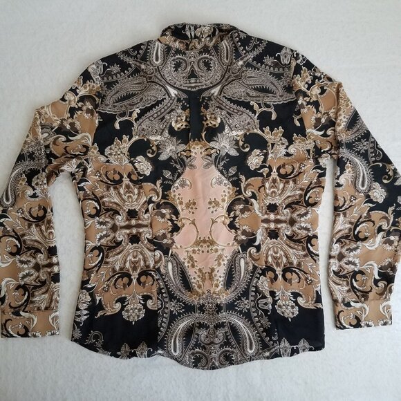 7th Avenue Paisley Blouse LARGE Black Brown Tan Pink Ruffle Button Front V Neck  - Picture 2 of 15
